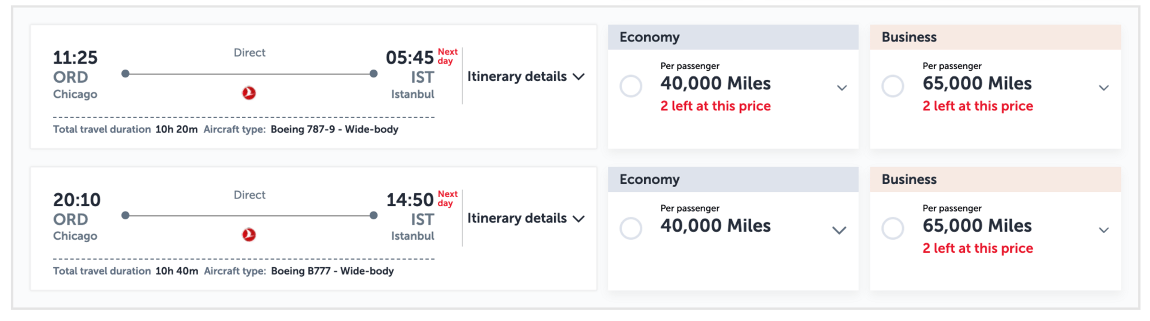 Chicago to Istanbul for 65,000 miles in business class
