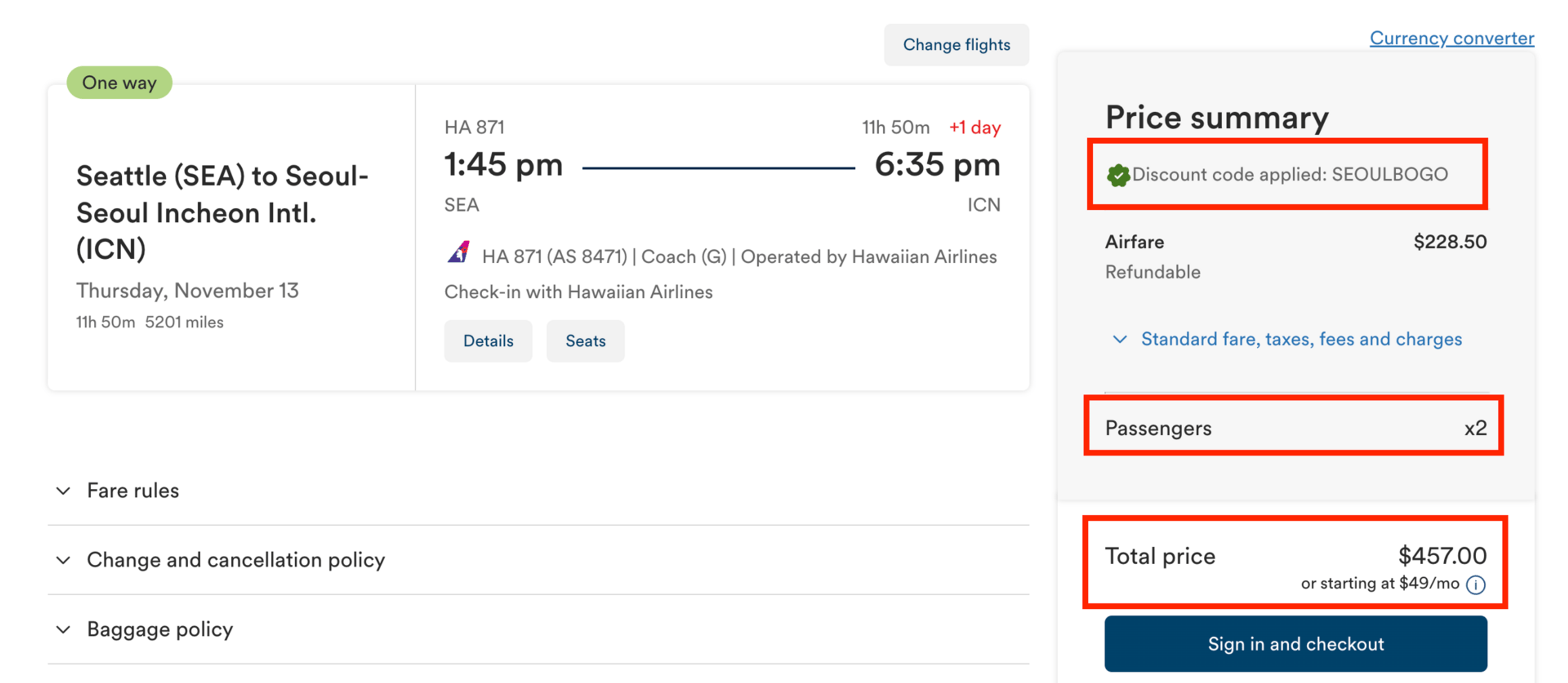 SEA-ICN for $457 for two people