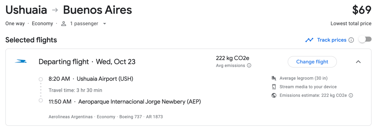 Sample Flight from Ushuaia to Buenos Aires