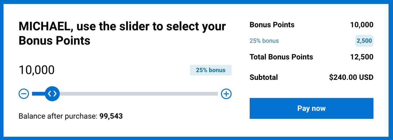 Buy 12,500 points for $240 with the bonus