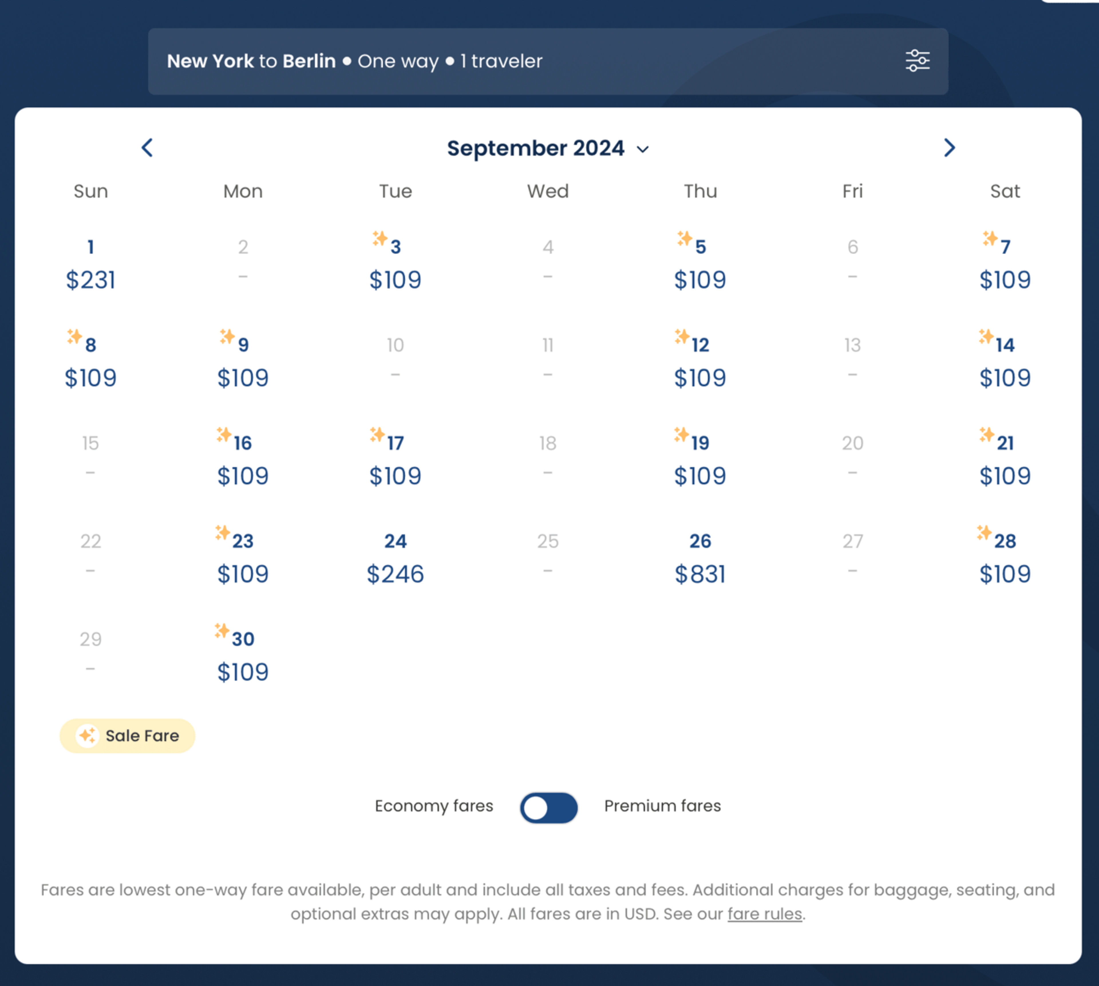 Sample booking from JFK to Berling in September