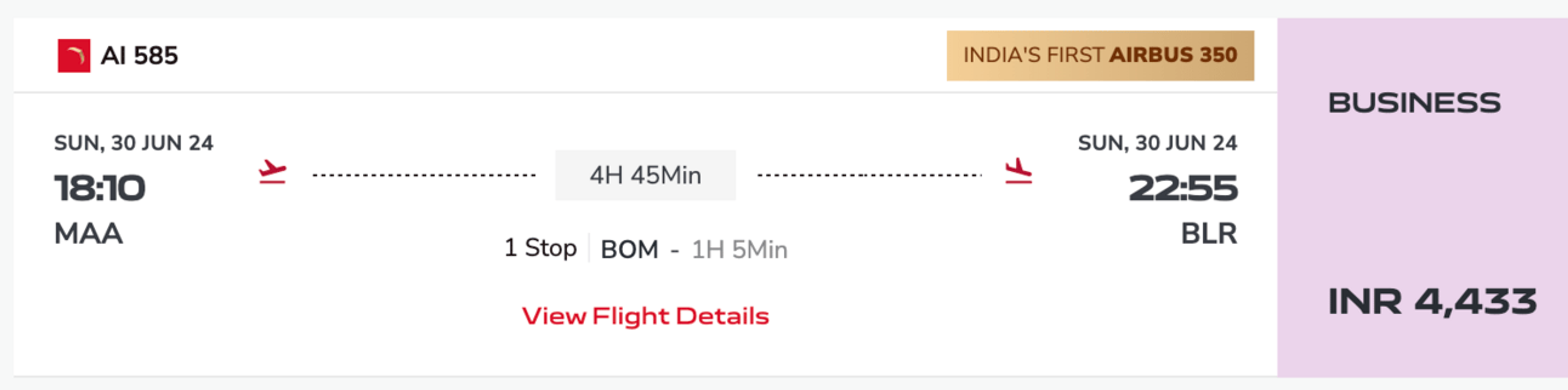 Air India flight from MAA-BLR for $54 in busies class