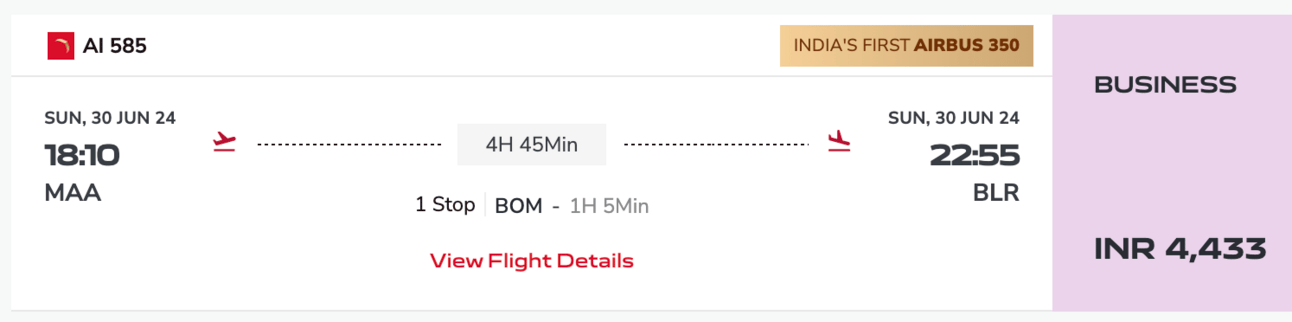 Air India flight from MAA-BLR for $54 in busies class