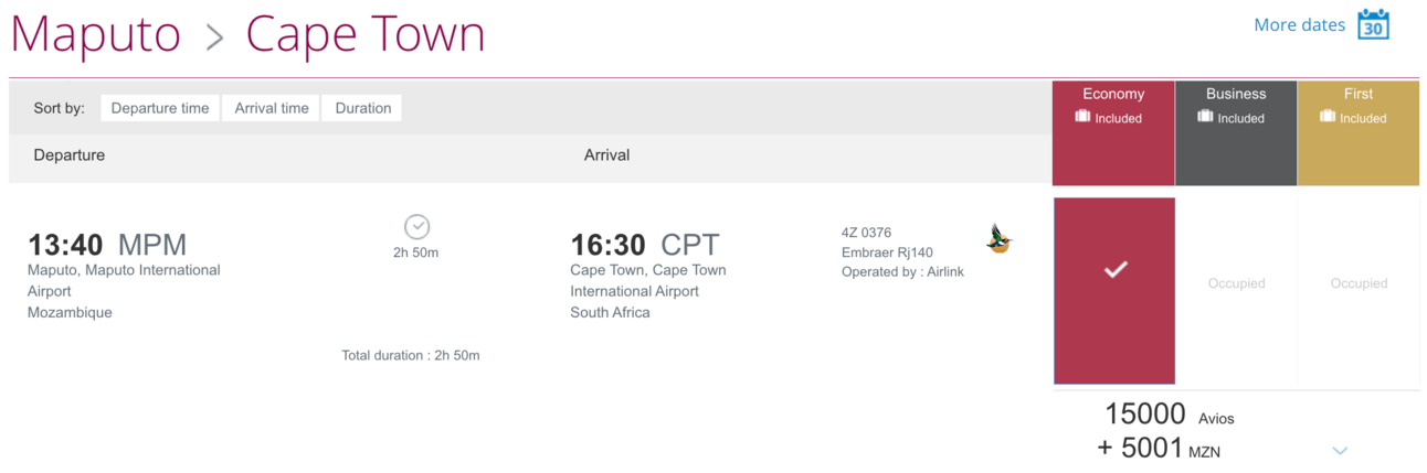 Maputo to Cape Town for 15,000 Avios