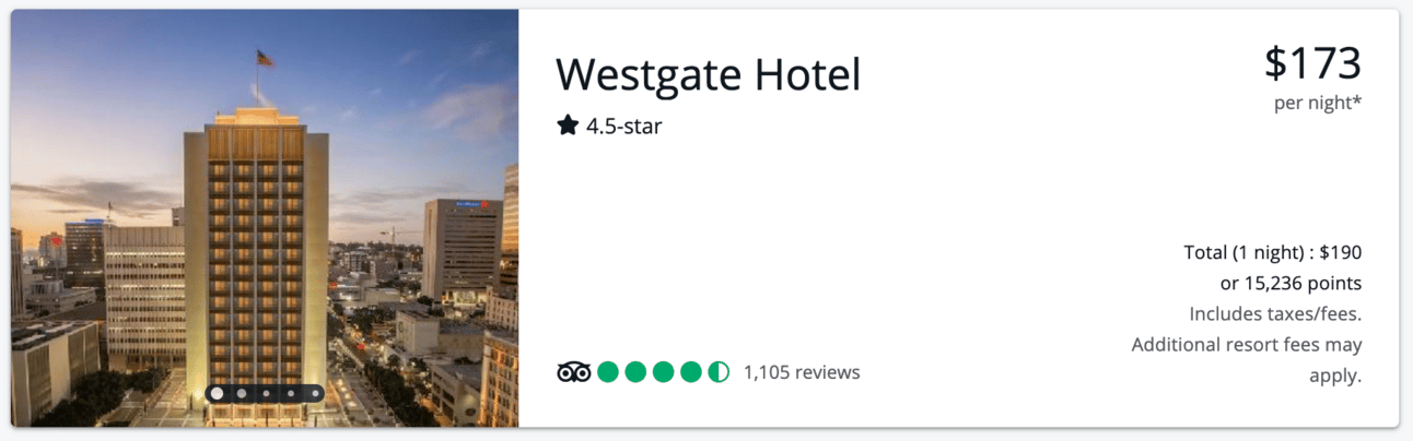 Sample booking for Westgate Hotel in San Diego