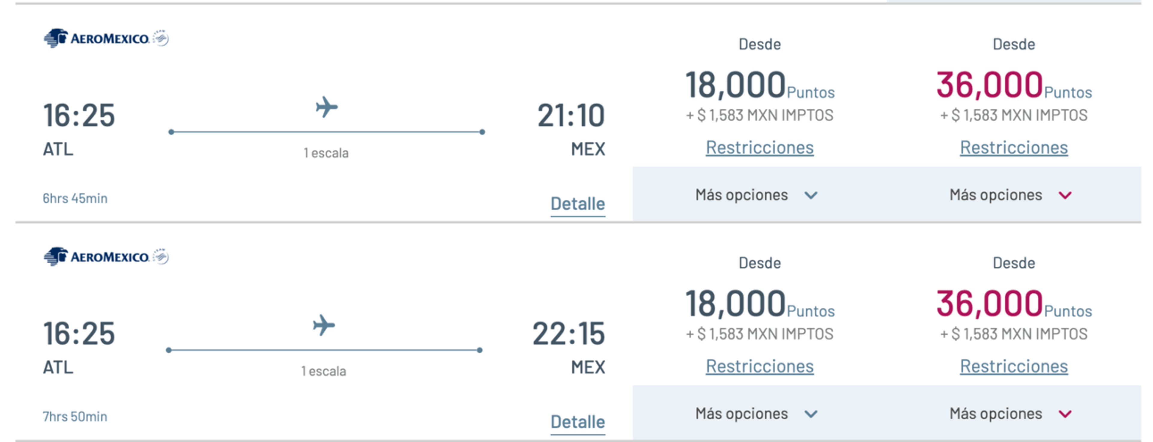 Sample flight from ATL-MEX for 18k Aeromexico miles