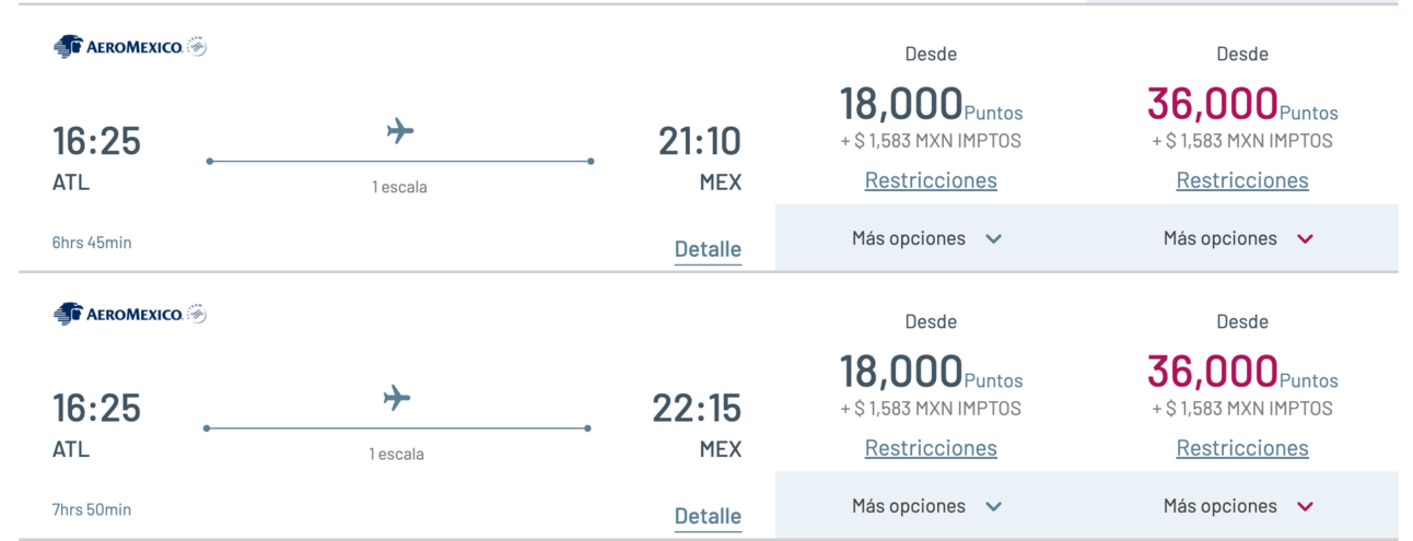 Sample flight from ATL-MEX for 18k Aeromexico miles