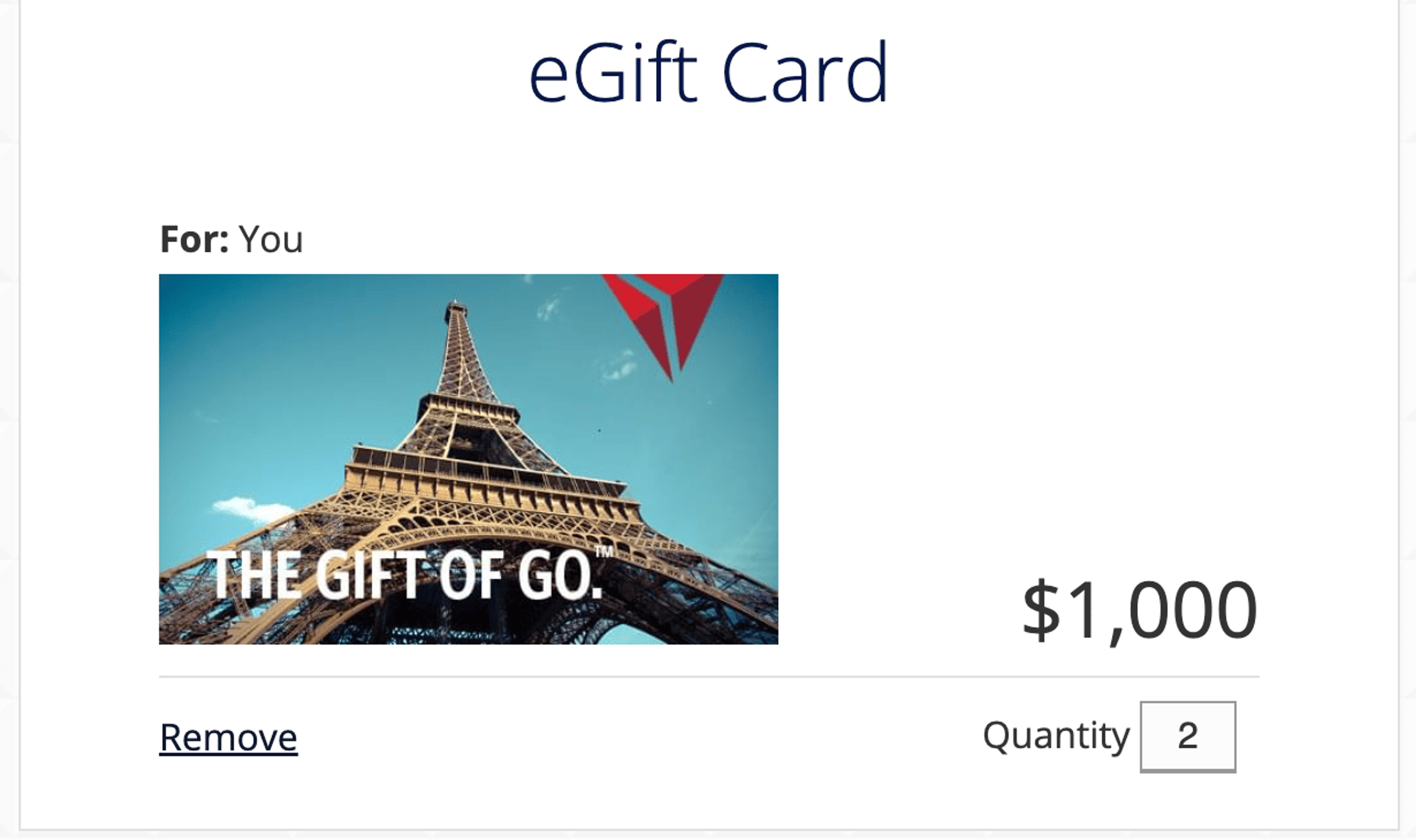 Screenshot of a Delta egift card