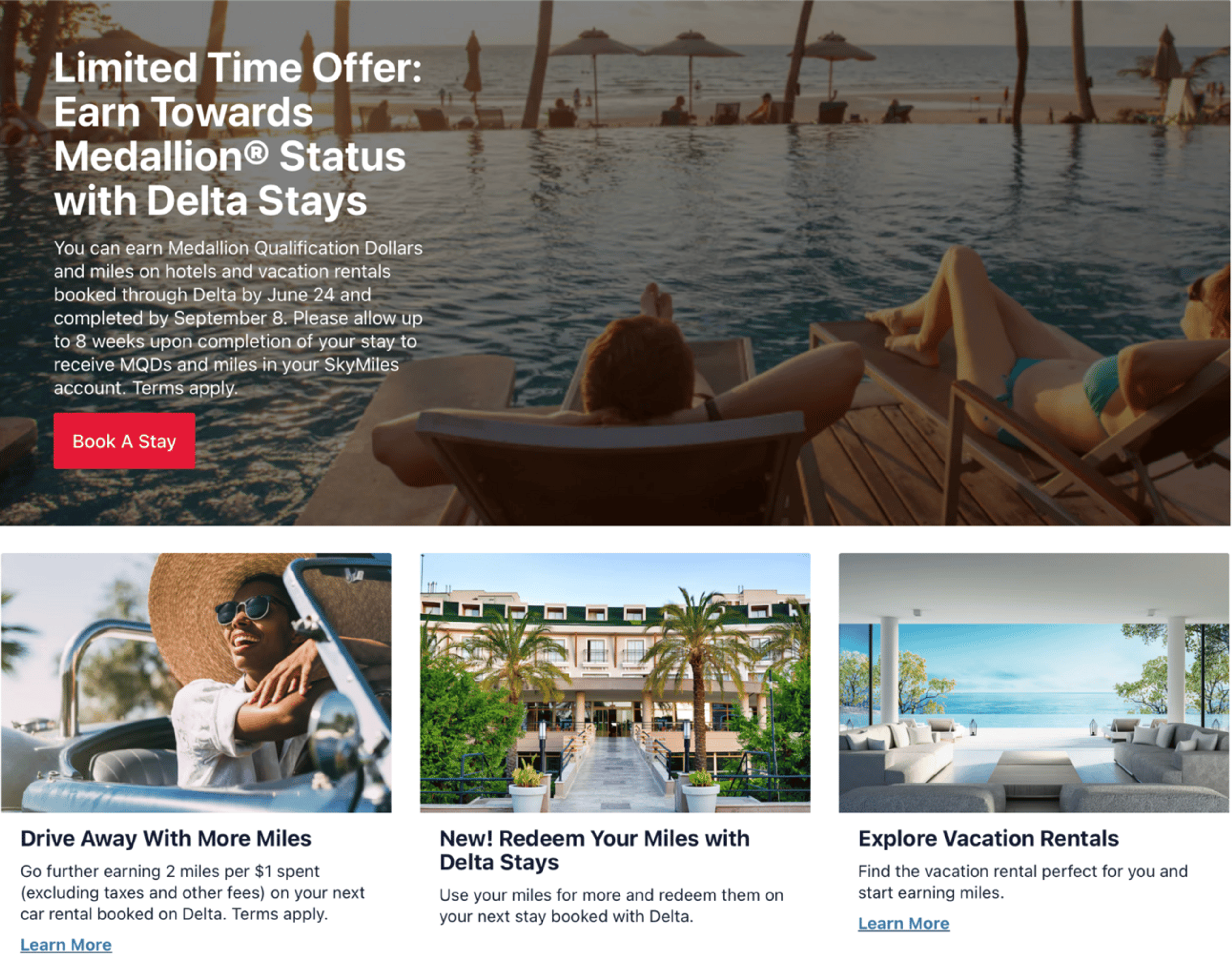 Screenshot showing Delta's new promo of earning MQDs for hotels and car rentals
