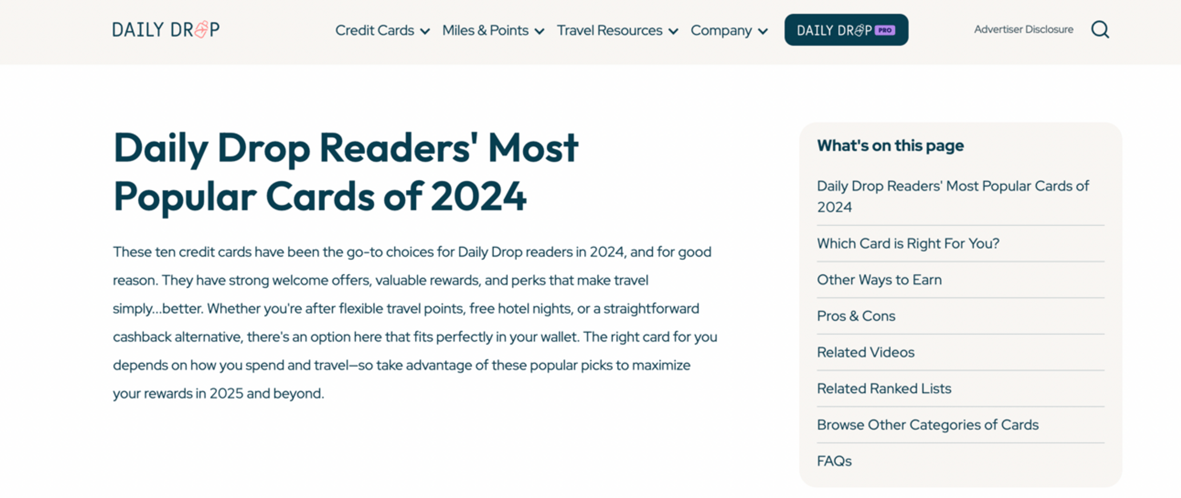Landing page for Daily Drop's most popular cards of 2024