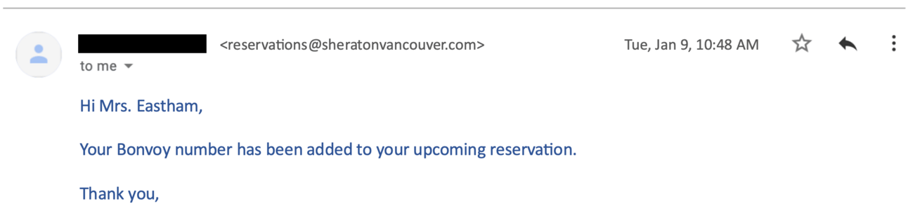 A screenshot showing an email response for adding a Marriott number to a booking.