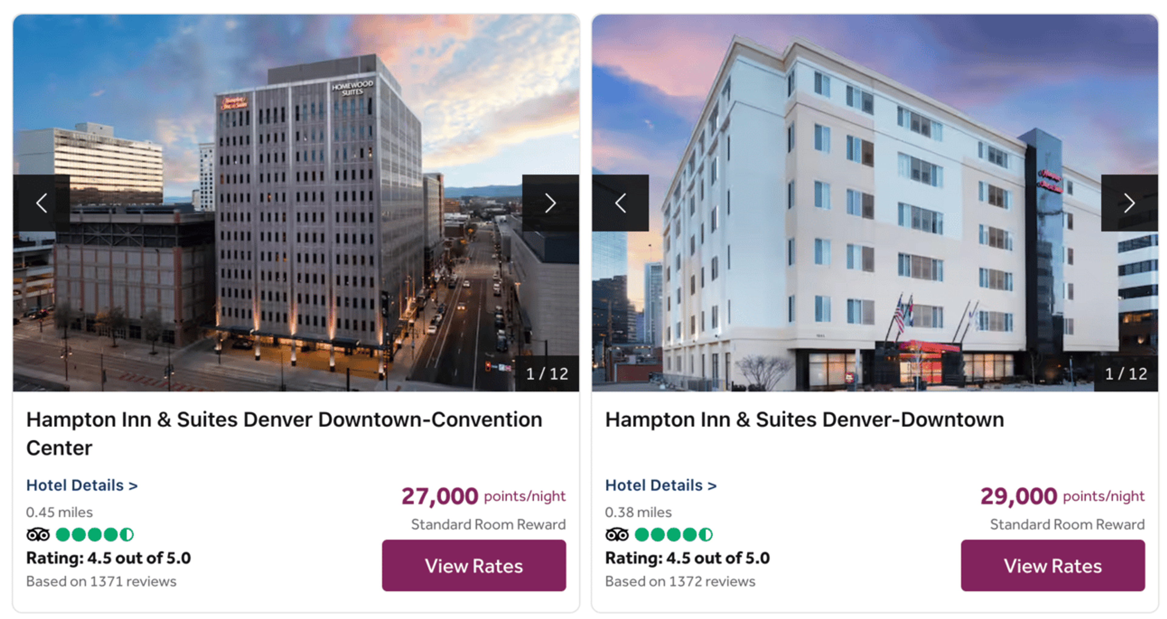 Examples of two Hilton hotels in Denver for 27,000 and 29,000 points per night