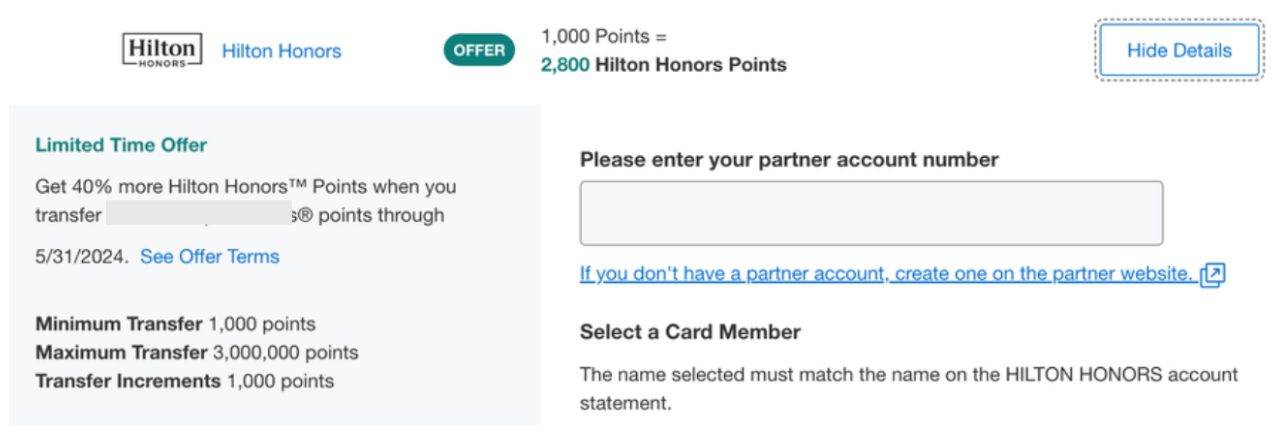 Screenshot showing the transfer bonus from MR points to Hilton