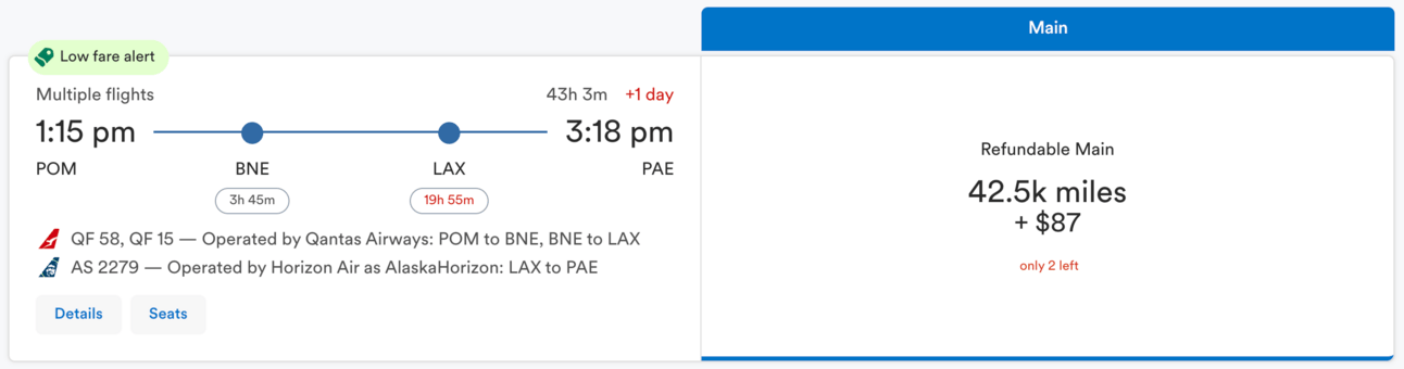 Port Moresby to Seattle for 42,500 Alaska miles