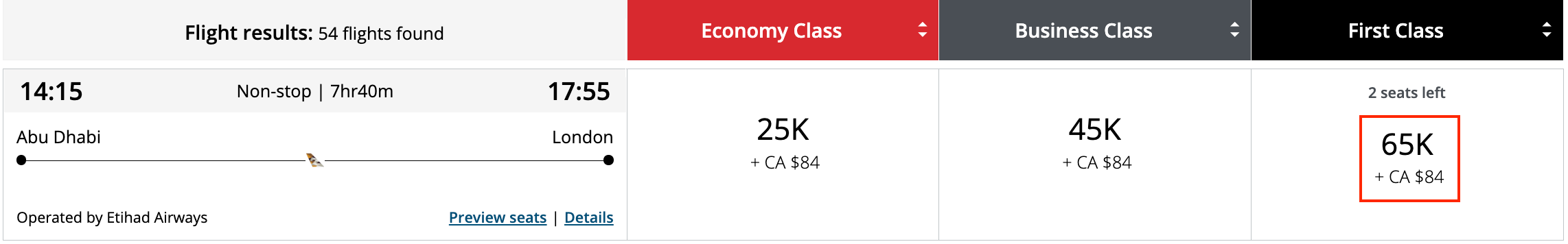 Sample first-class booking