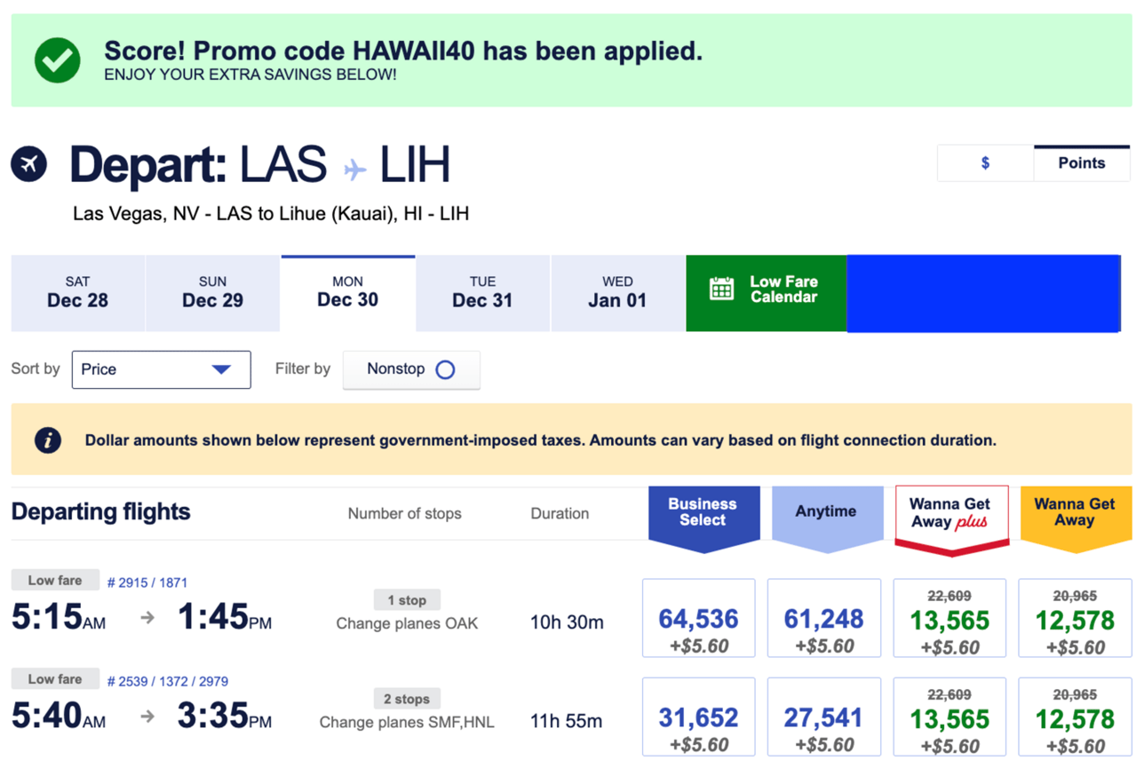 Las Vegas to Lihue for 12,000 Southwest points