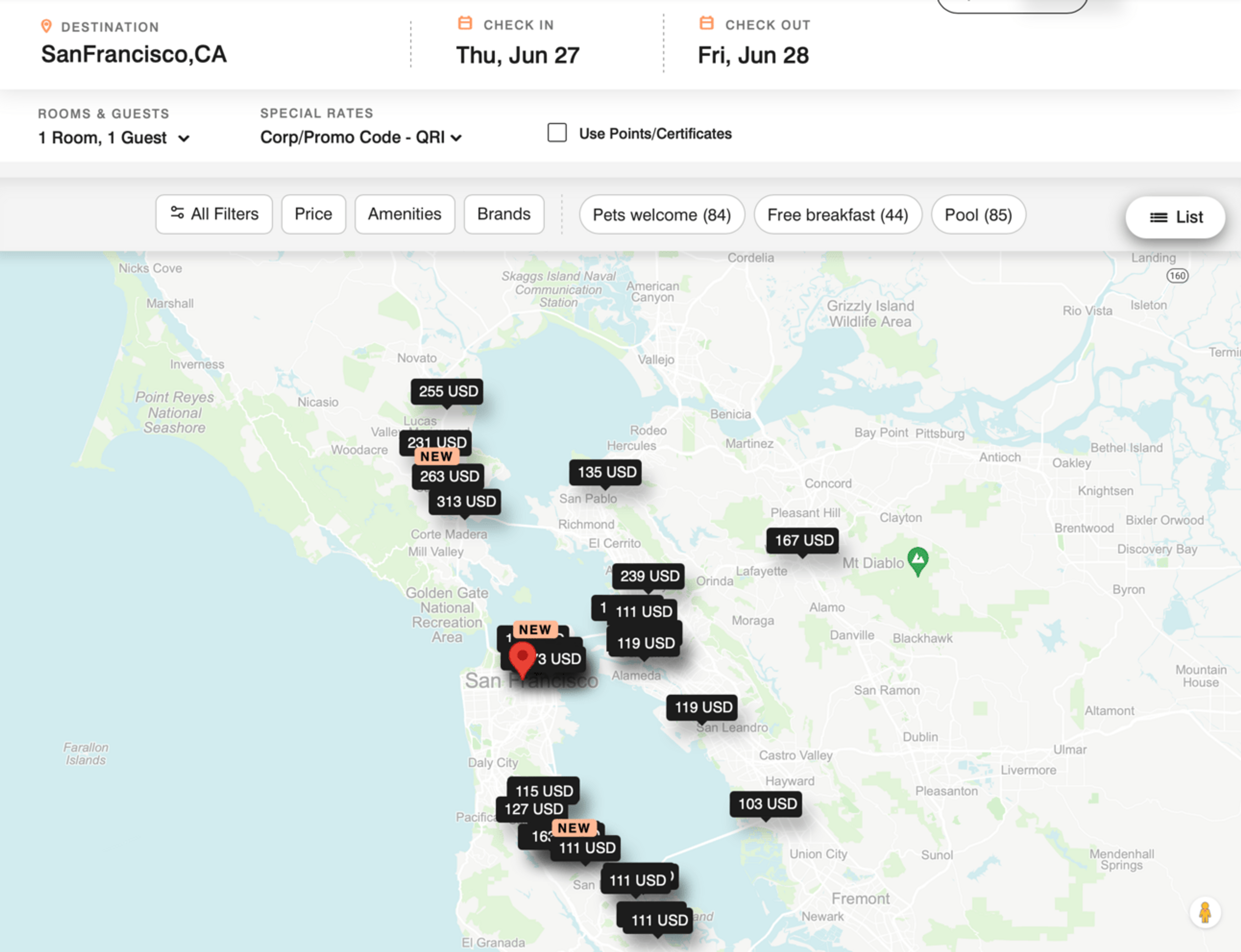 Screenshot showing hotel bookings in San Francisco