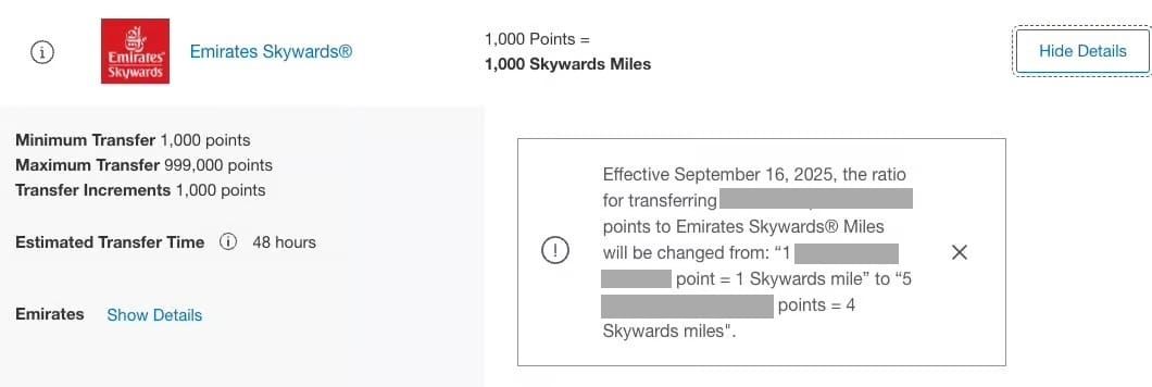 Announcement of new Emirates transfer ratio