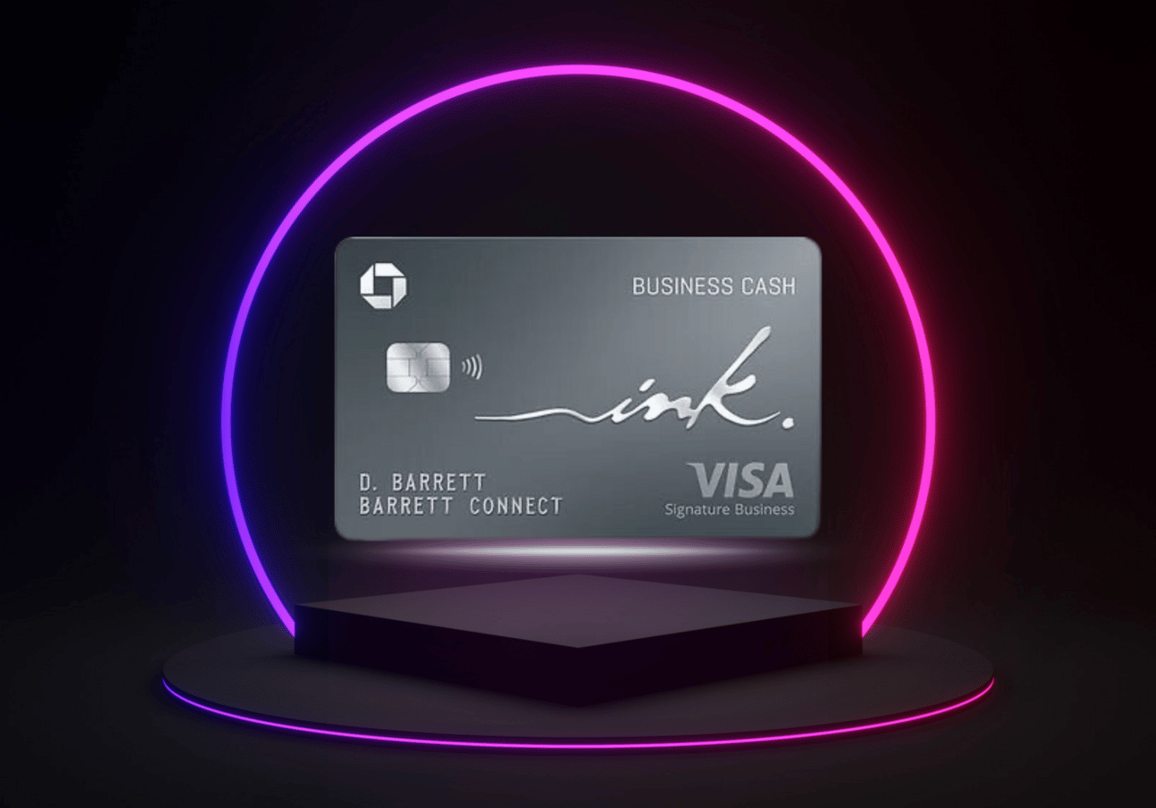 A black background with purple and pink neon that has a credit card in the middle