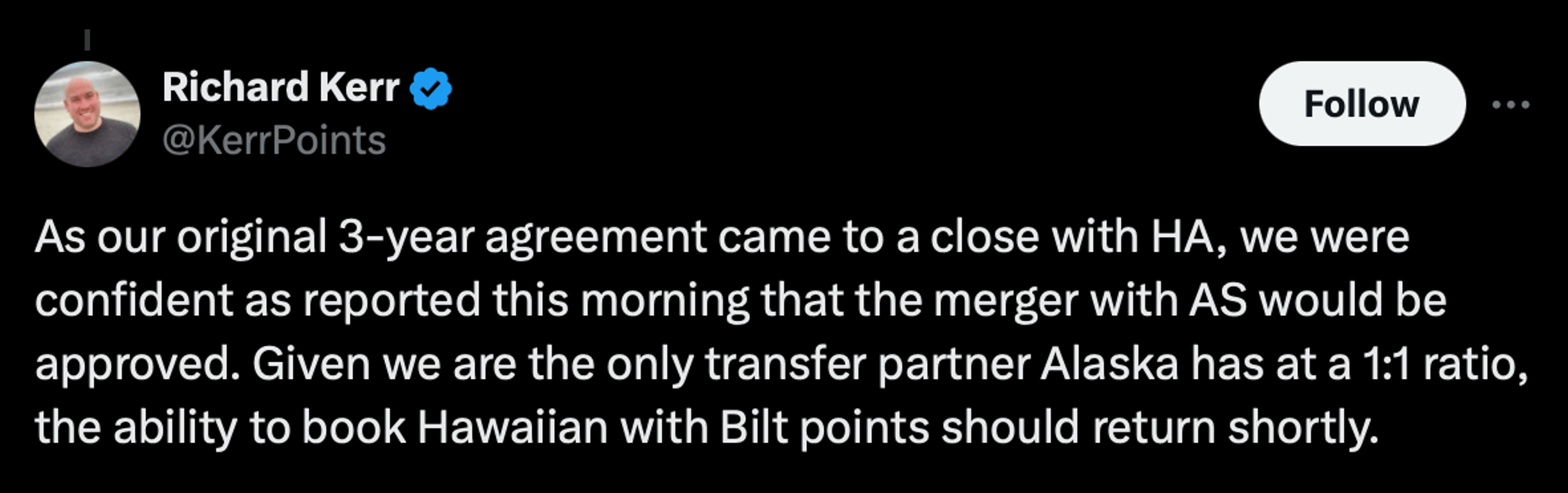 A screenshot of a post on X from Richard Kerr announcing Bilt and Hawaiian's partnership ending