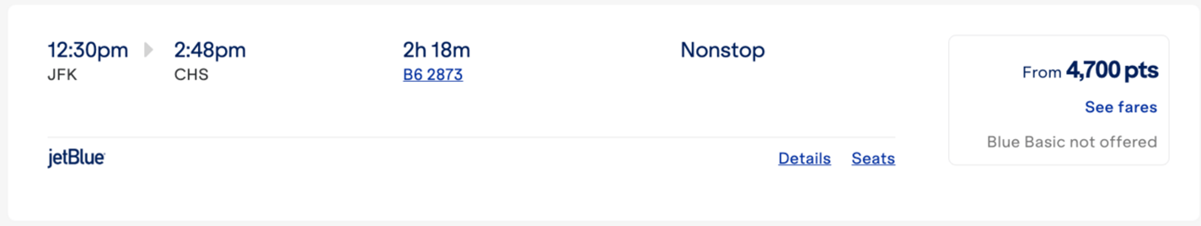 JFK to Charleston for 4,700 JetBlue points