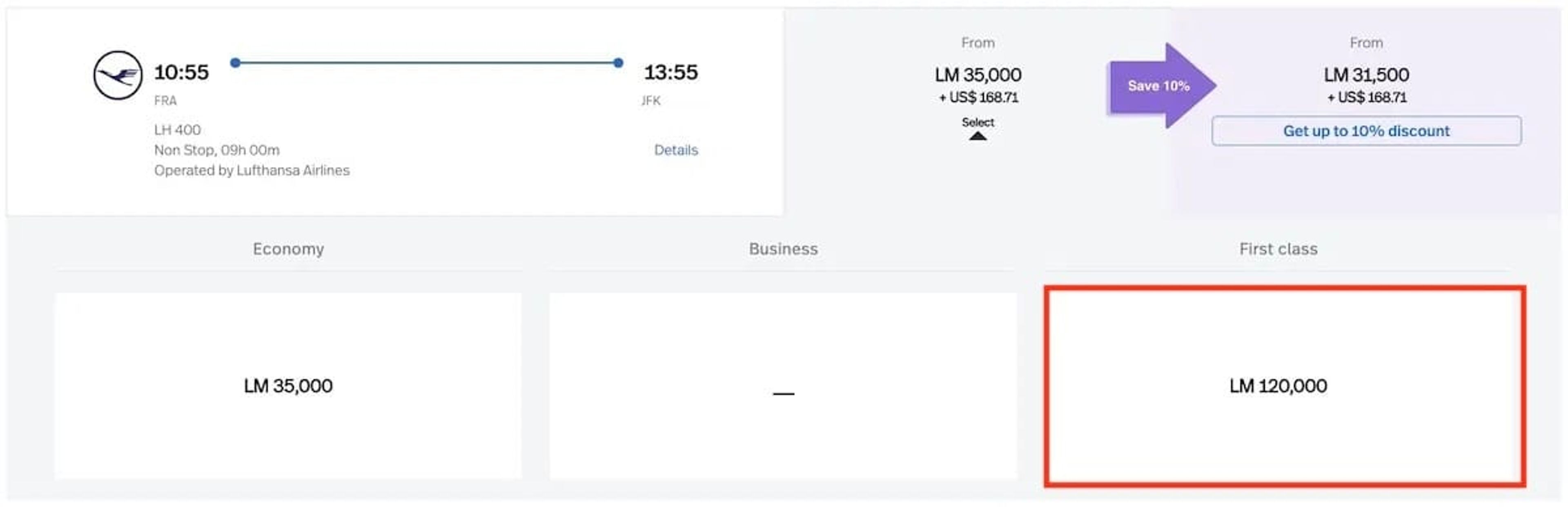 Frankfurt to New York on lufthansa first class using Avianca's new award rates