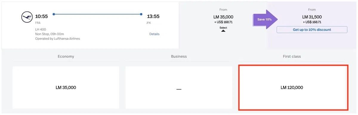 Frankfurt to New York on lufthansa first class using Avianca's new award rates