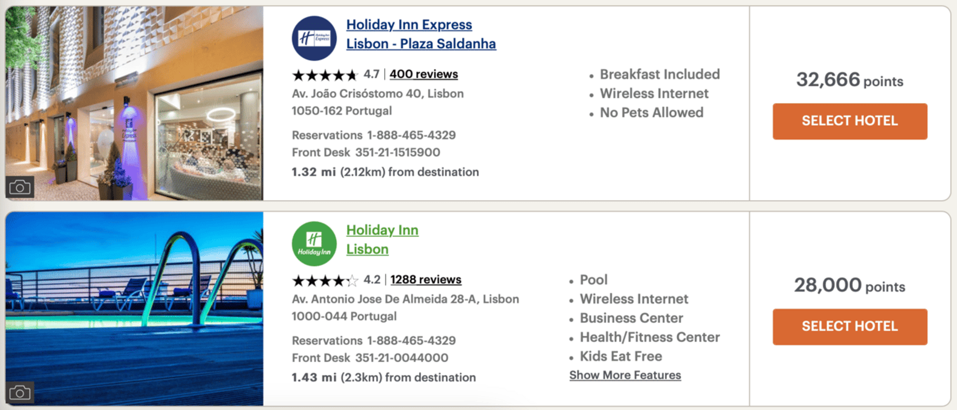 Examples of Reward Night searches for IHG