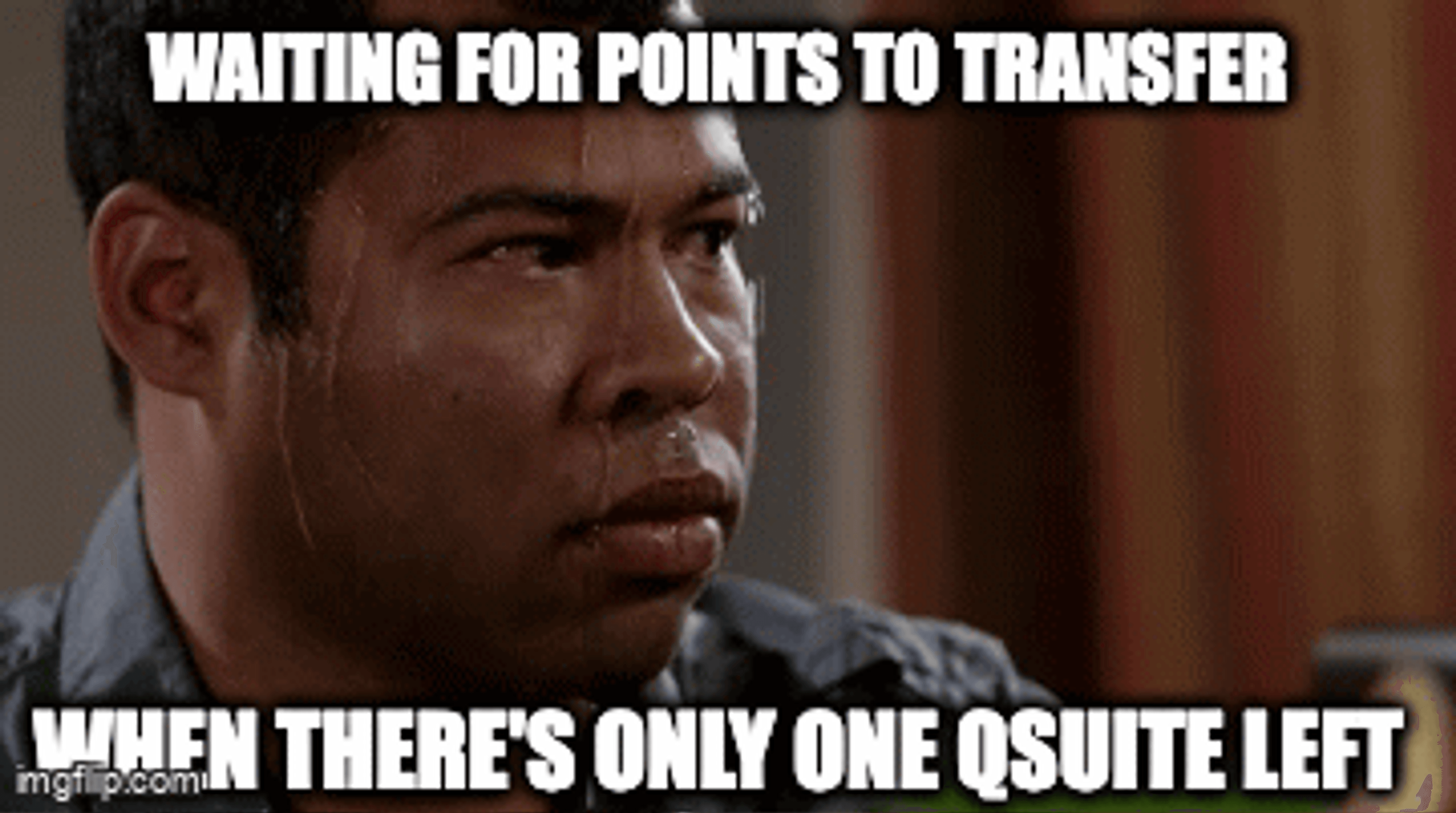 A gif showing someone sweating profusely while waiting for points to transfer when there's only one Qsuit left... 😅