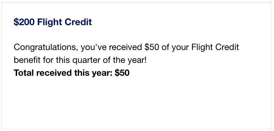 A screenshot of an Amex account, showing the $200 annual flight credit