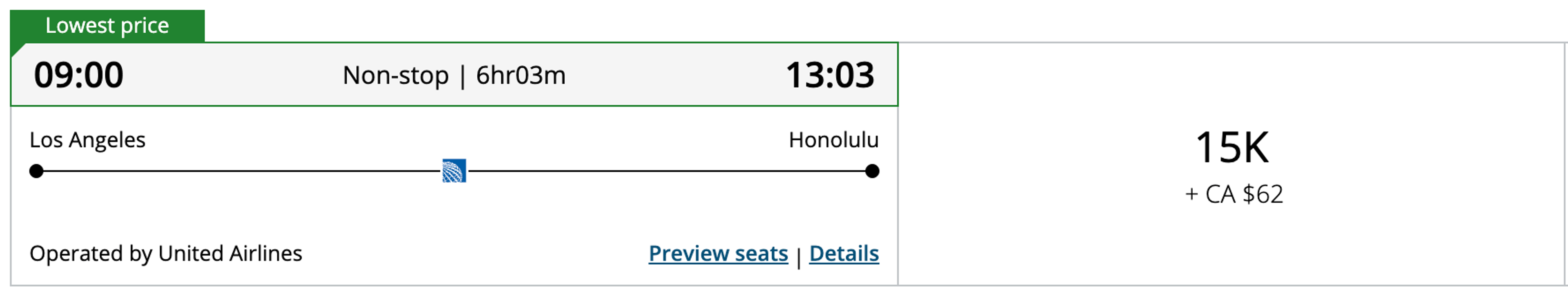 Los Angeles (LAX) to Honolulu (HNL) for 15k points one way