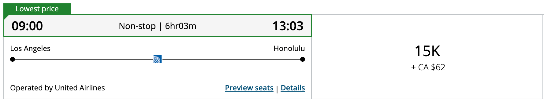 Los Angeles (LAX) to Honolulu (HNL) for 15k points one way