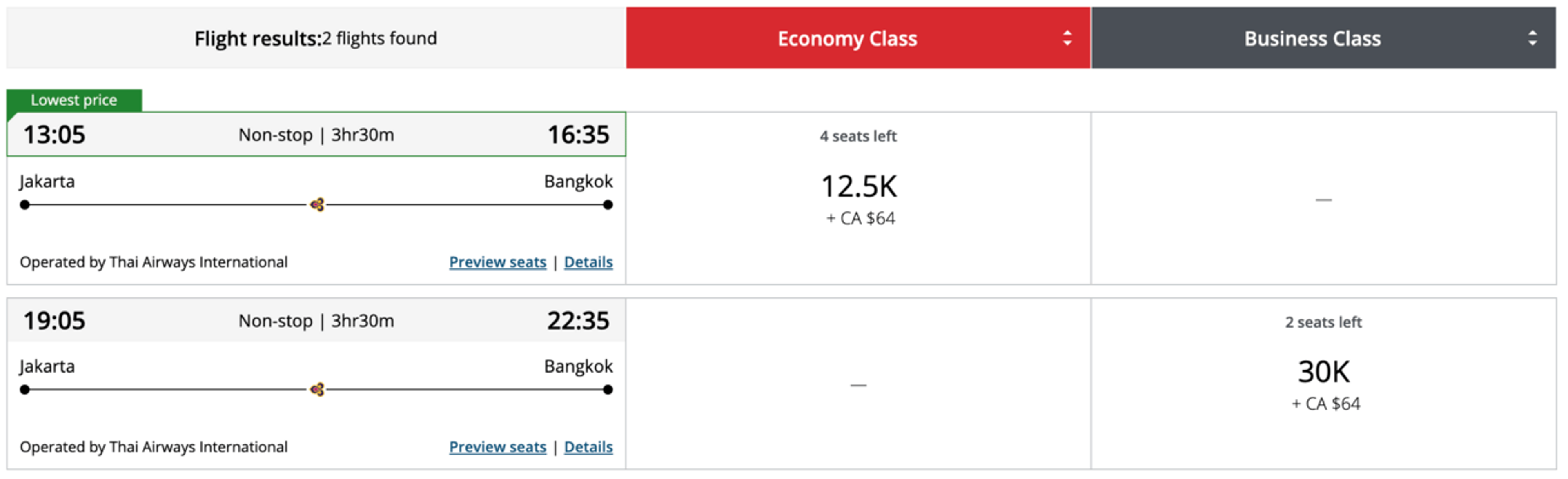 A screenshot fro the aeroplan website showing a smple booking on Thai airways traveling from Jakarta to Bangkok.
