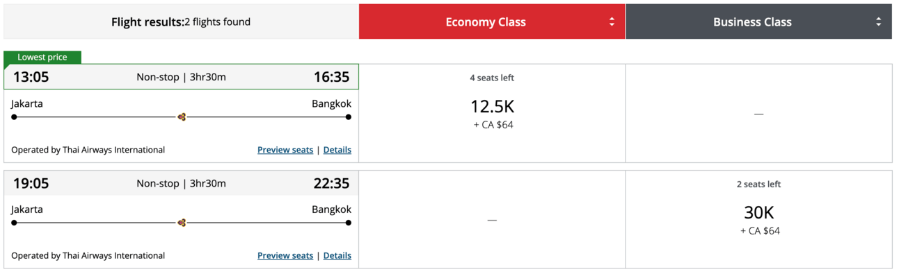 A screenshot fro the aeroplan website showing a smple booking on Thai airways traveling from Jakarta to Bangkok.