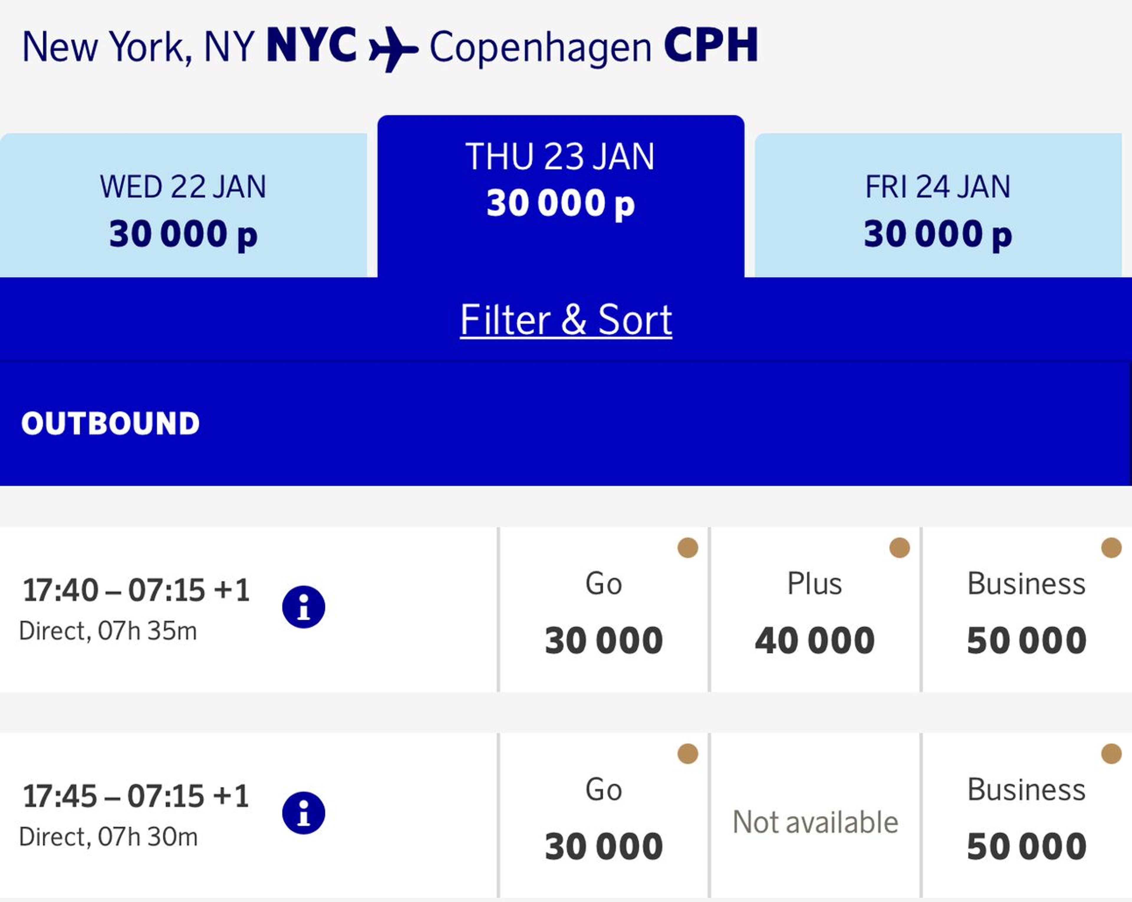 New York to Copenhagen for 50,000 miles in business-class