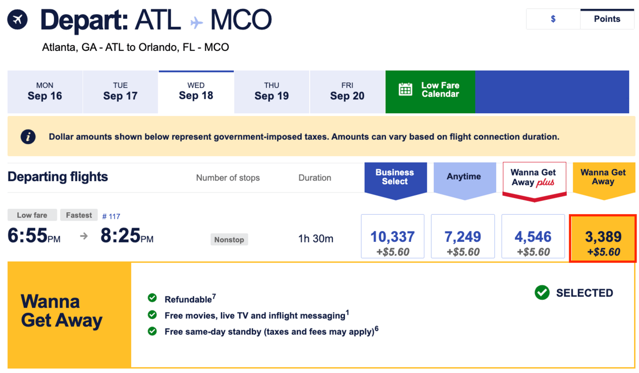 ATL-MCO for 3,300 Southwest points