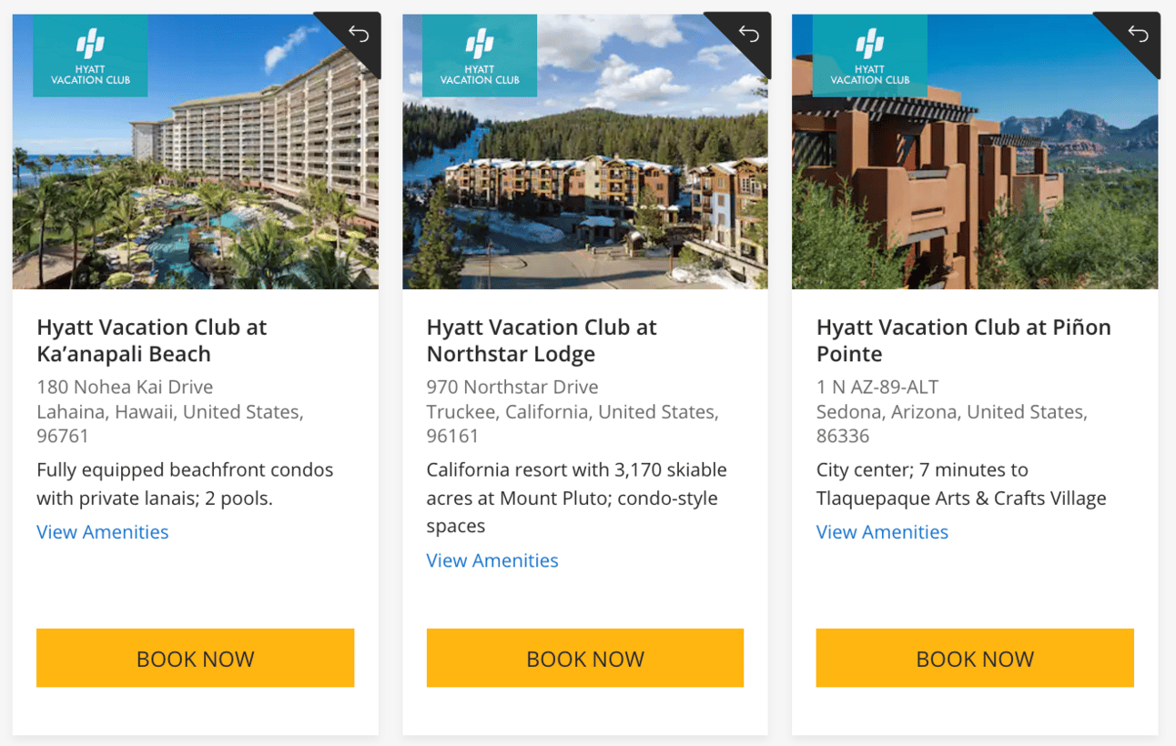 Examples of various Hyatt Vacation Club properties in the U.S.