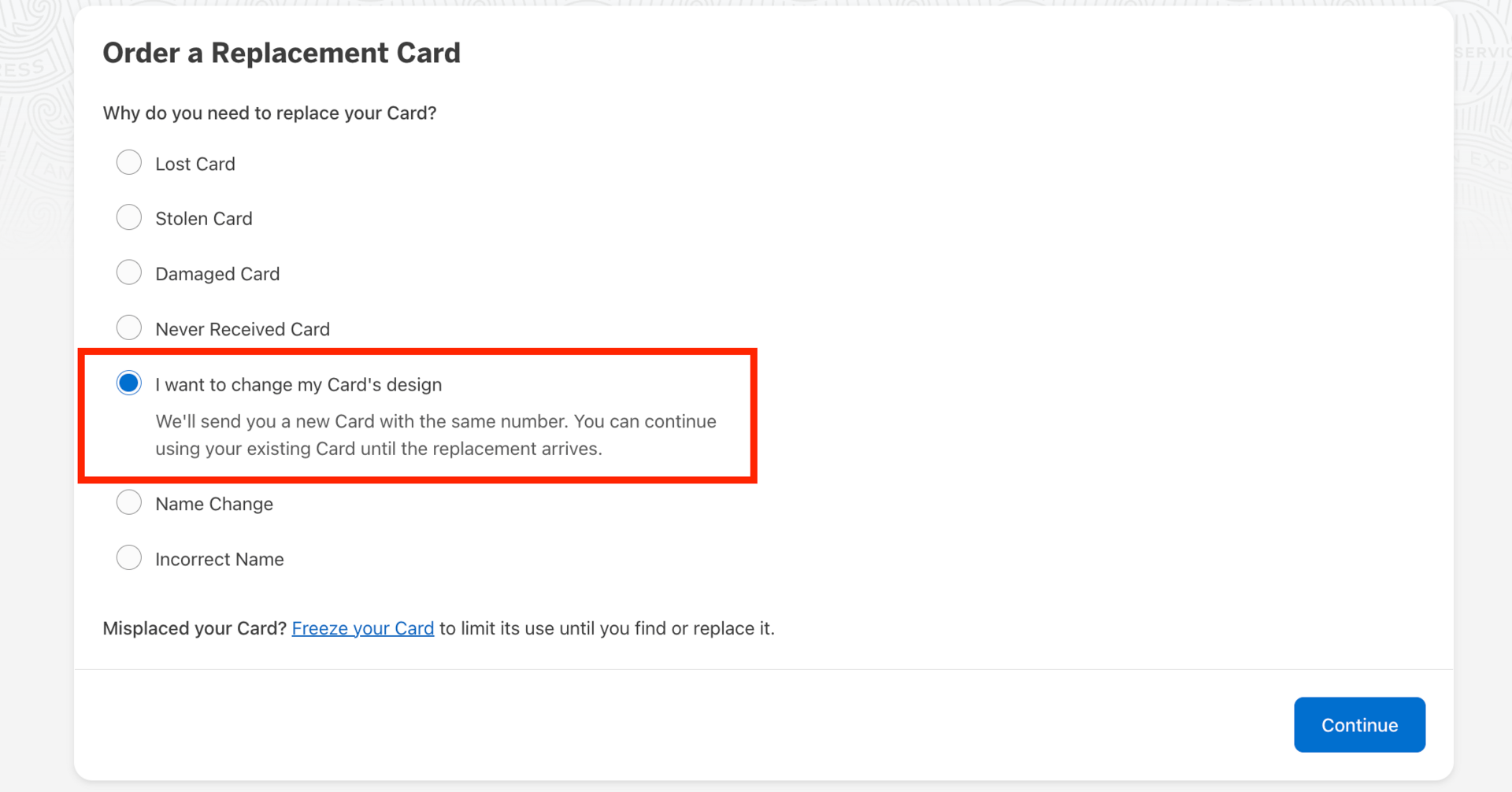 Sample step in replacing your card