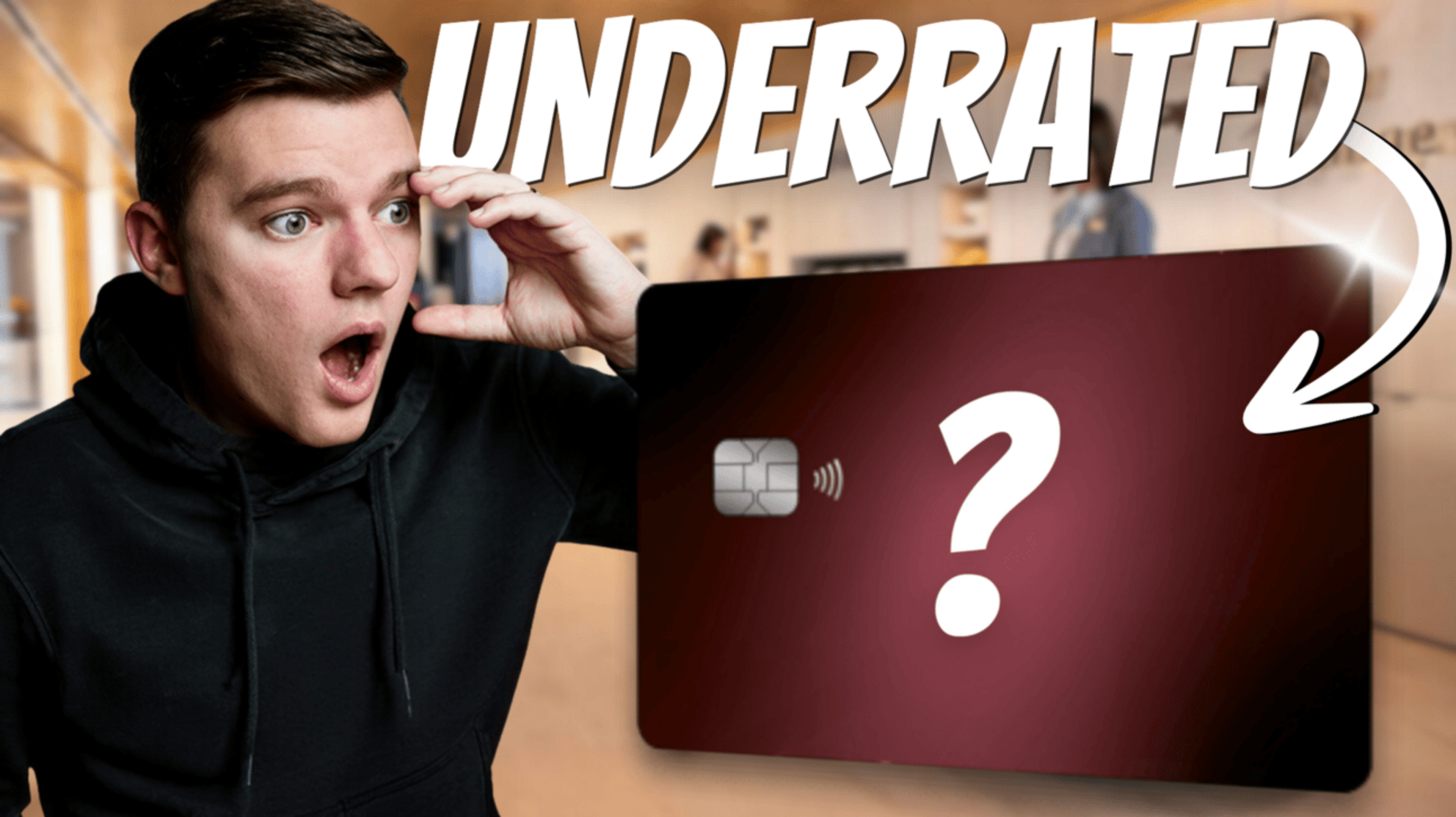 A credit card graphic with a man with a surprised look on is face and text overlay that says "overrated"
