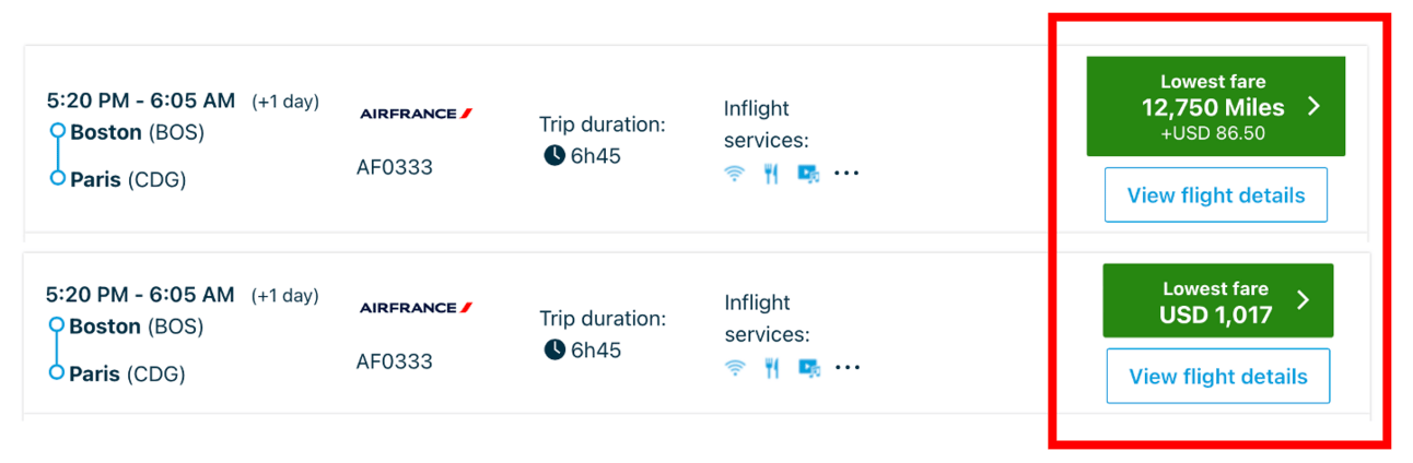 Screenshot from klm.com