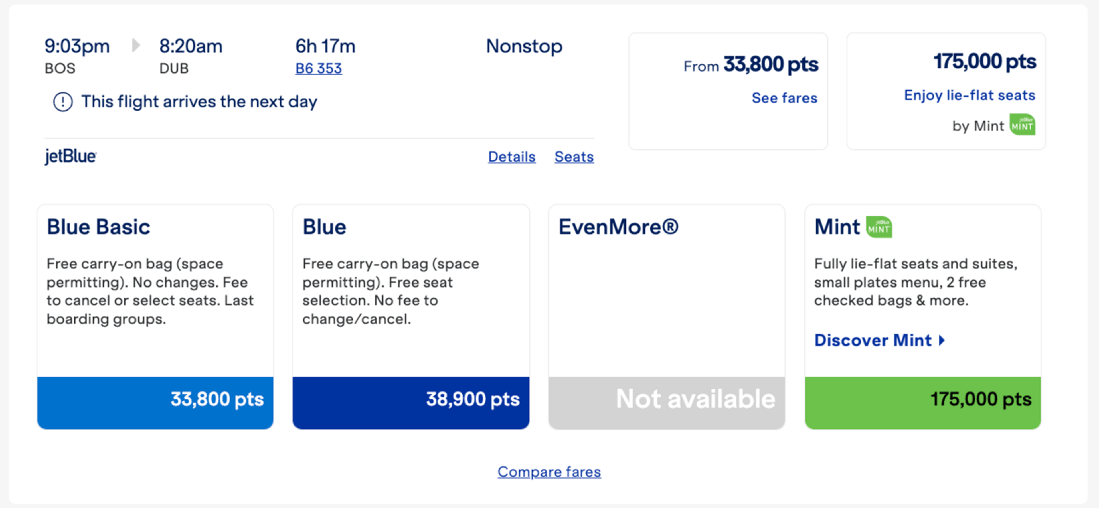 JetBlue flight from Boston to Dublin for 33,000 JetBlue points