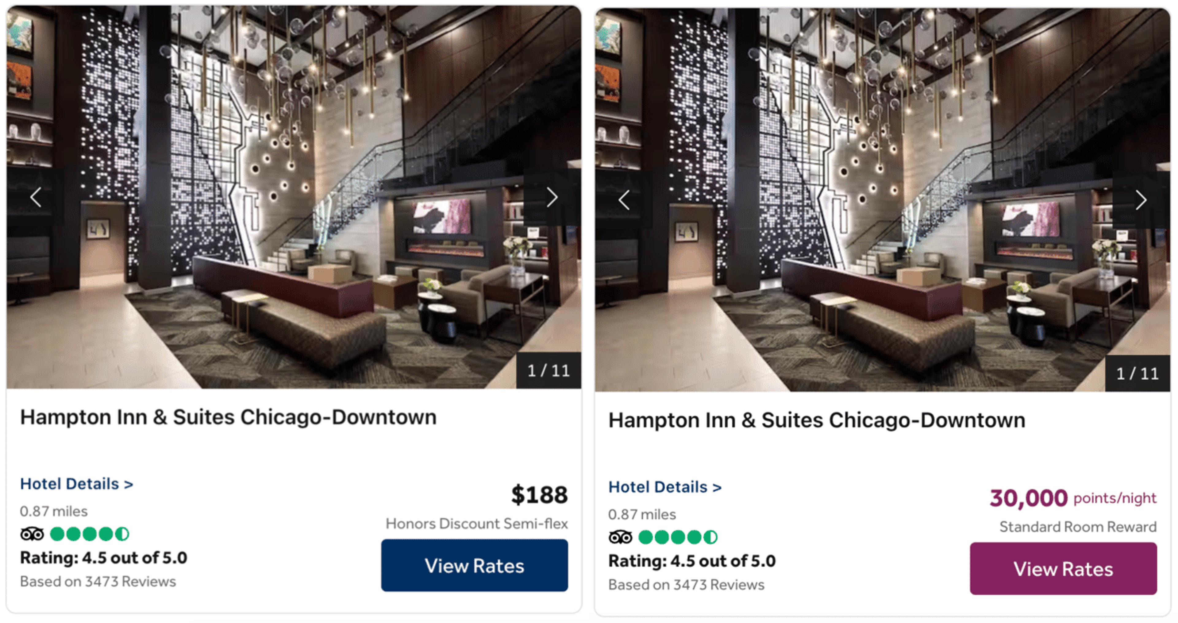 Example of a Hilton hotel in Chicago for 30k points or $221 per night