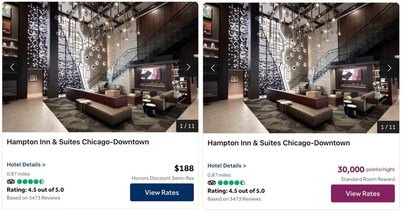 Example of a Hilton hotel in Chicago for 30k points or $221 per night