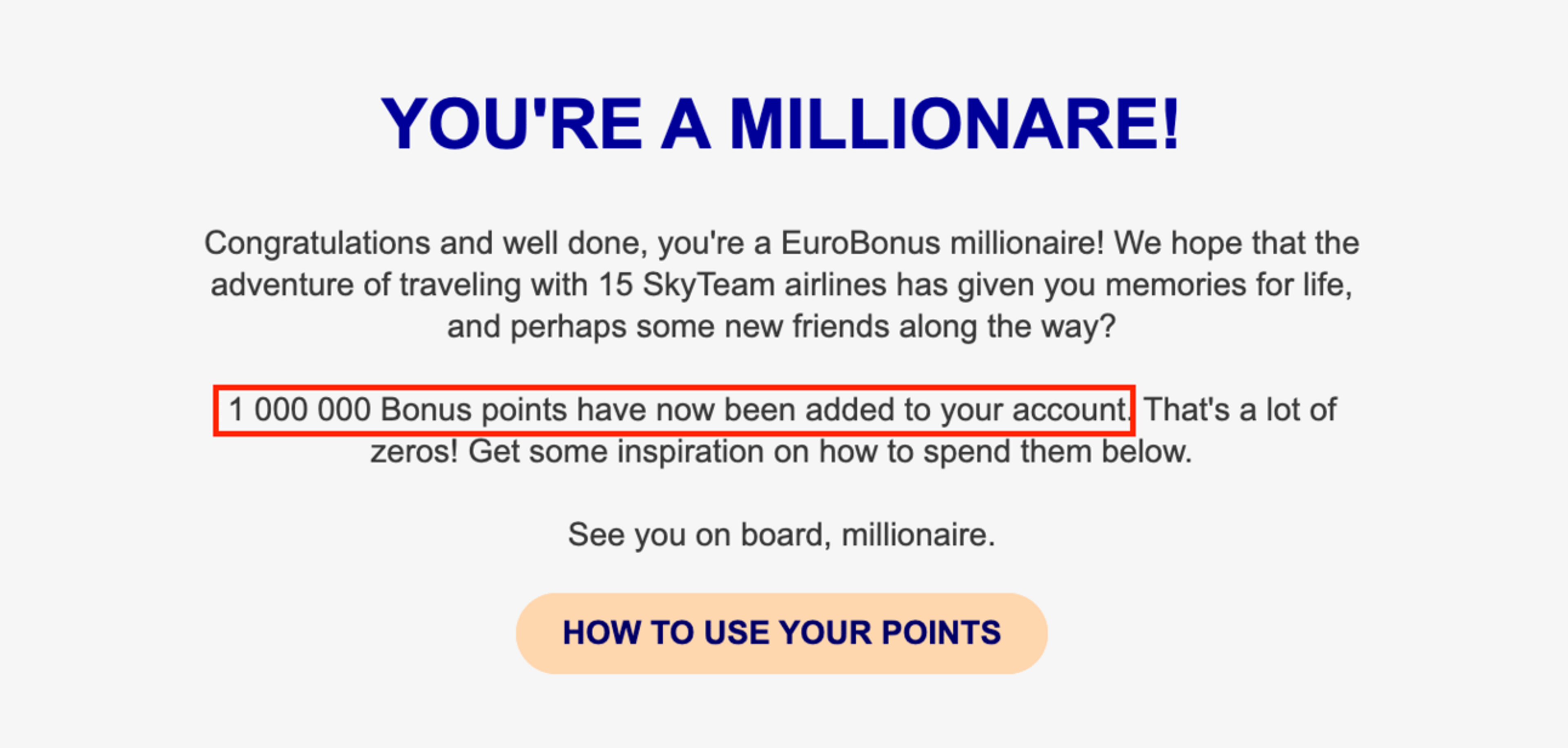 Email from SAS telling me I have a million miles