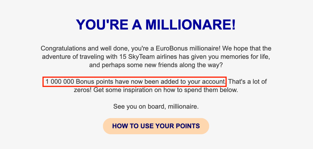 Email from SAS telling me I have a million miles