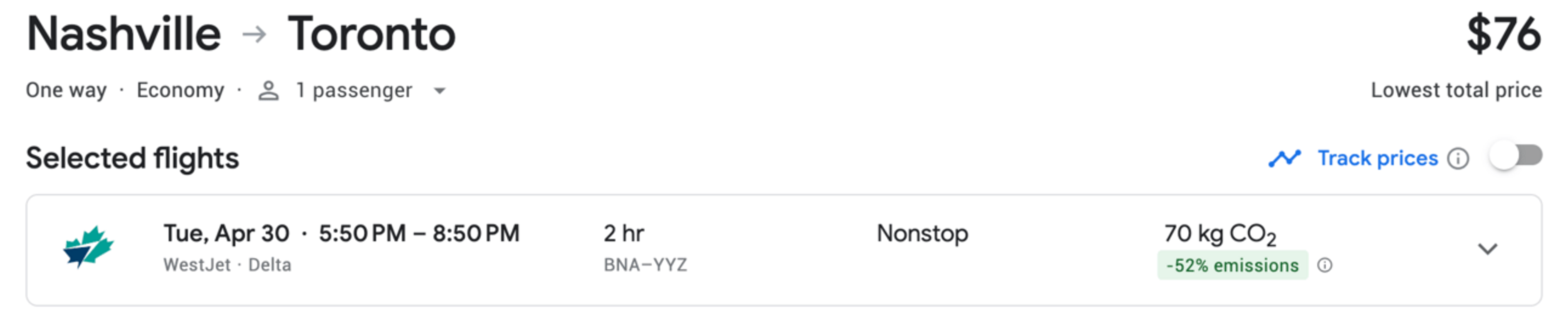 A sample booking on Google Flights