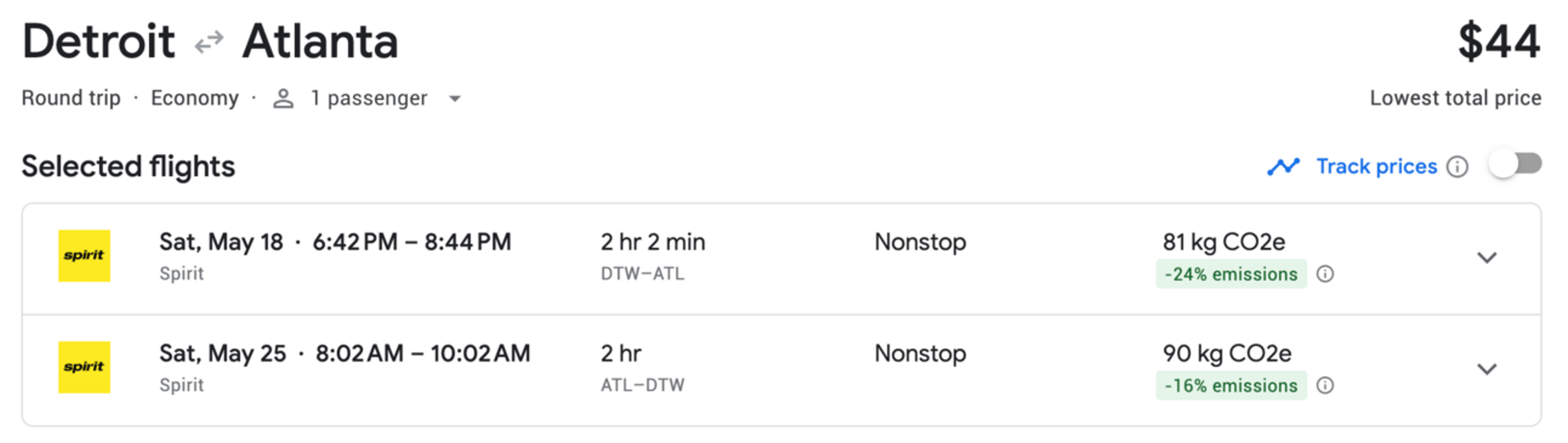 Sample round-trip Spirit flight for $44