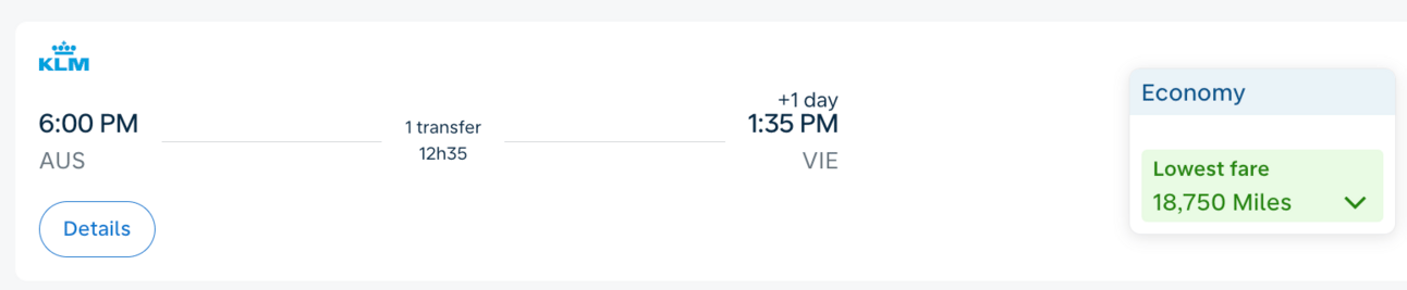 Austin to Vienna for 18,750 Flying Blue miles