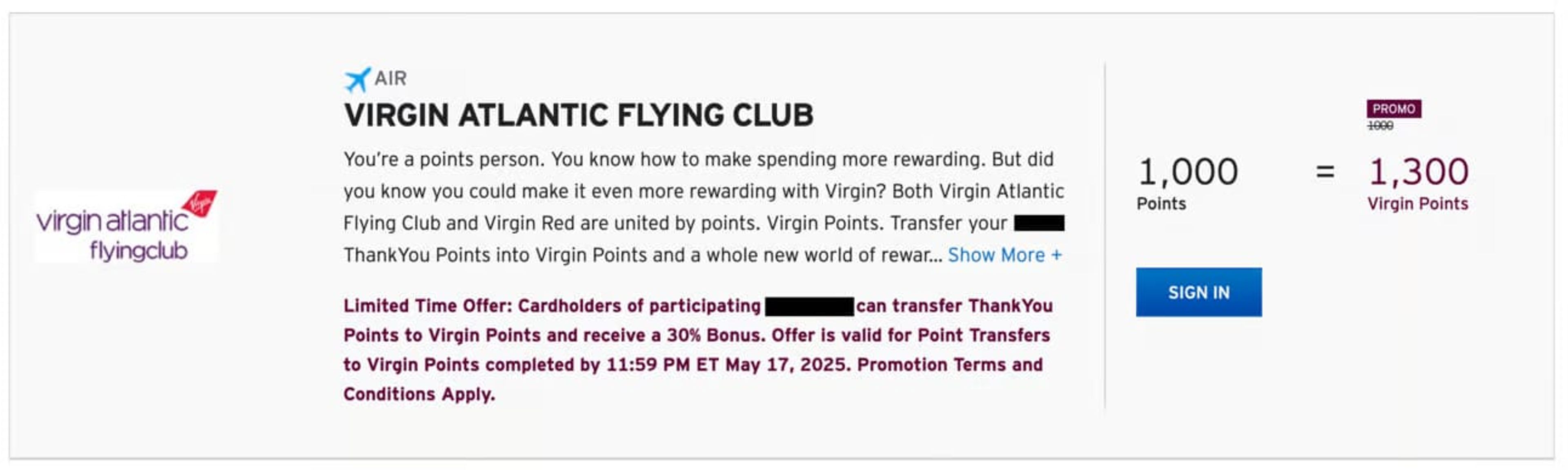 30% transfer bonus to Virgin