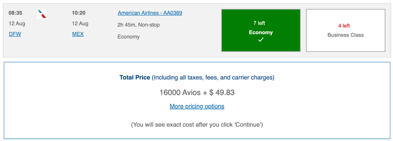 Screenshot from britishairways.com